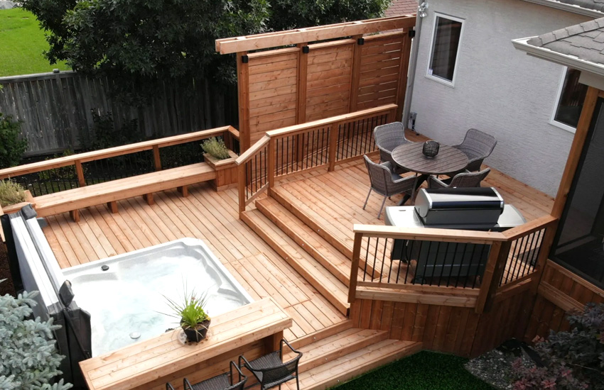 Multi-level cedar deck with built-in hot tub area